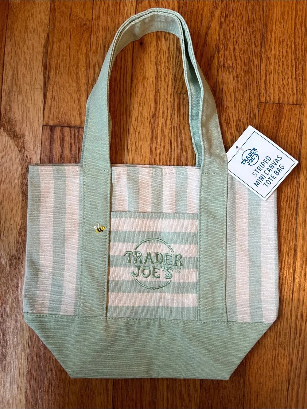 Trader Joe's Mint Striped Mini Canvas Tote Bag with Embroidered Bee